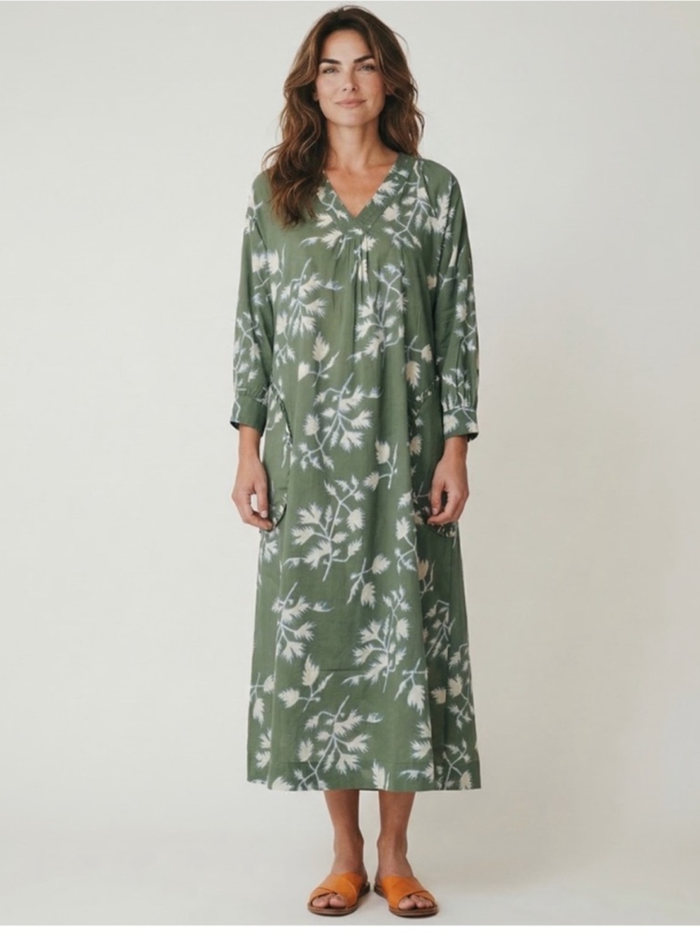 MIRTH 100% Cotton Olive Green Palm Springs Maxi Caftan Dress